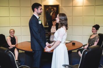 Newlyweds sharing their first dance at a wedding reception in Dublin.