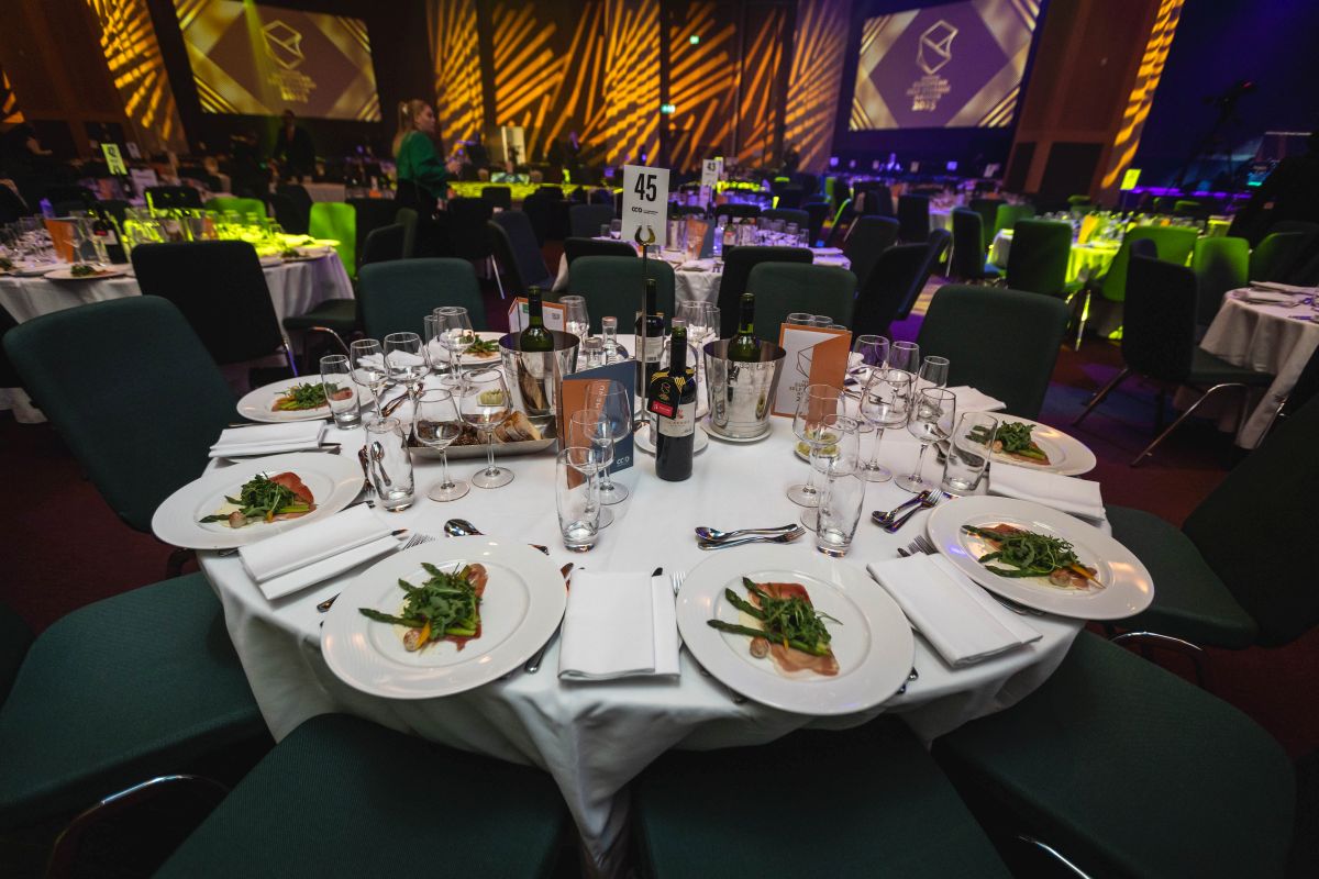 Gala tables set for a corporate awards night at the Convention Centre Dublin