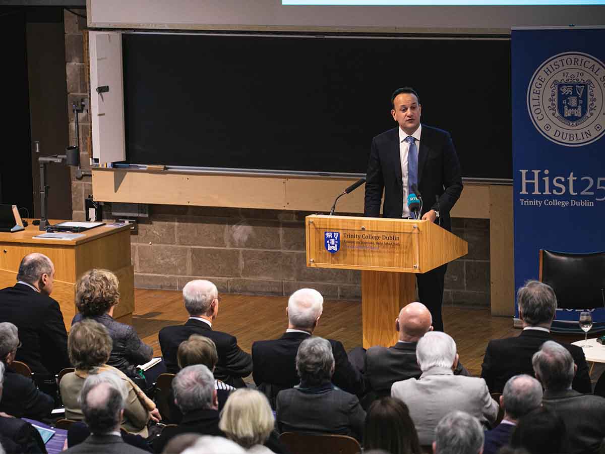 Prime Minister of Ireland speaking at a conference at Trinity College Dublin